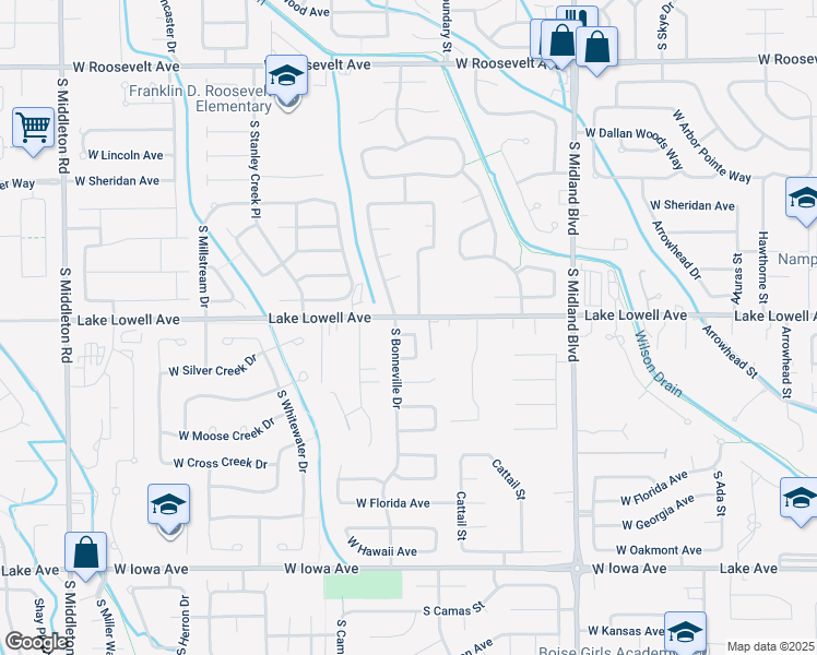map of restaurants, bars, coffee shops, grocery stores, and more near 1504 West Bird Loop in Nampa