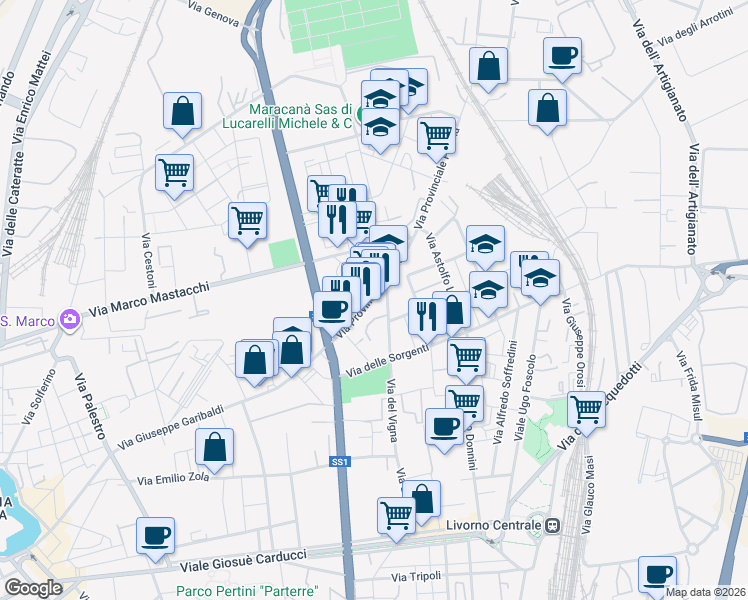 map of restaurants, bars, coffee shops, grocery stores, and more near 272 Via del Vigna in Livorno