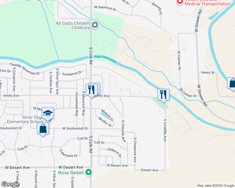 map of restaurants, bars, coffee shops, grocery stores, and more near 7171 West Danbury Street in Boise
