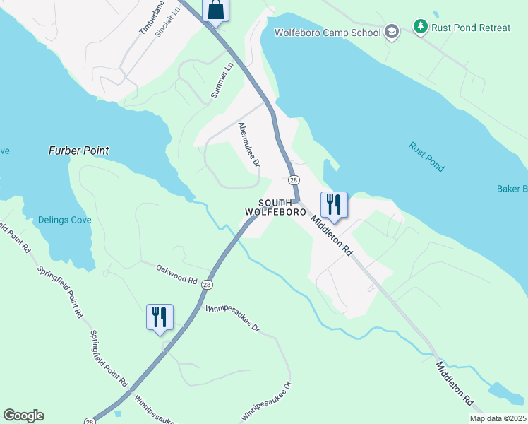 map of restaurants, bars, coffee shops, grocery stores, and more near 668 New Hampshire 28 in Wolfeboro