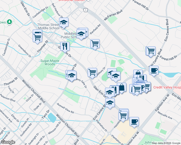 map of restaurants, bars, coffee shops, grocery stores, and more near 5353 Glen Erin Drive in Mississauga