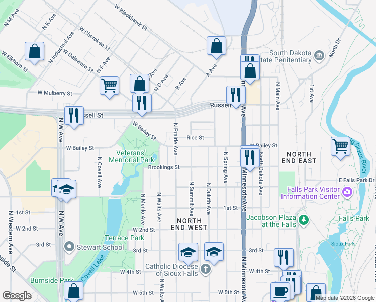 map of restaurants, bars, coffee shops, grocery stores, and more near 700 West Bailey Street in Sioux Falls