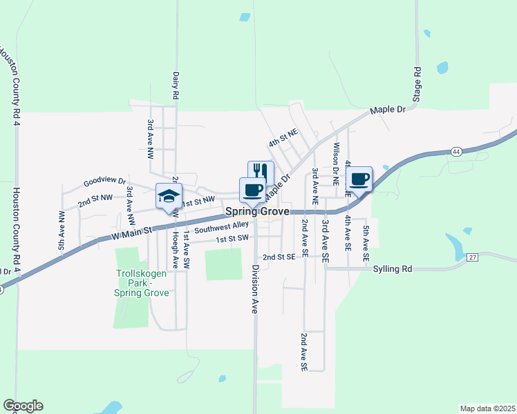 map of restaurants, bars, coffee shops, grocery stores, and more near 129 Maple Drive in Spring Grove