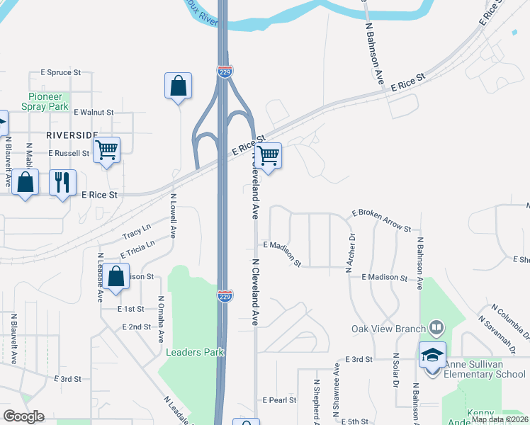 map of restaurants, bars, coffee shops, grocery stores, and more near 1401 North Cleveland Avenue in Sioux Falls
