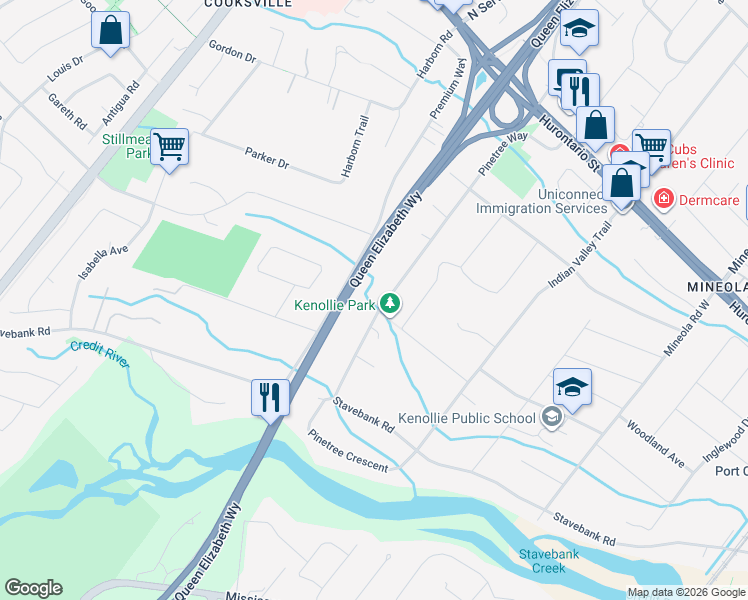 map of restaurants, bars, coffee shops, grocery stores, and more near 285 Pinetree Way in Mississauga