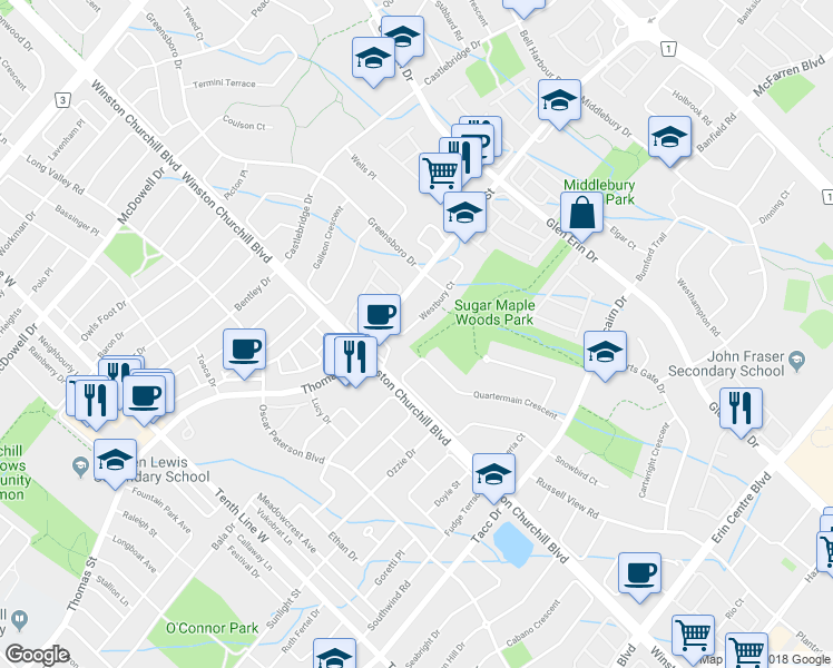 map of restaurants, bars, coffee shops, grocery stores, and more near 2918 Westbury Court in Mississauga