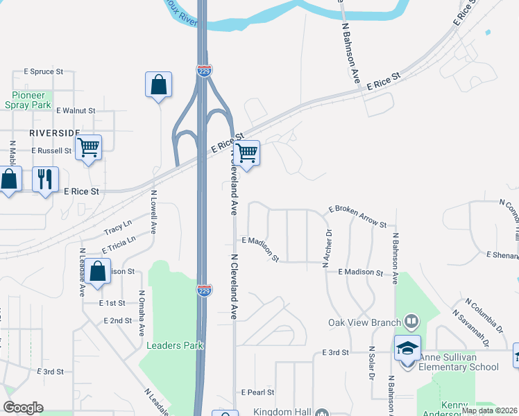 map of restaurants, bars, coffee shops, grocery stores, and more near 1301 North Archer Drive in Sioux Falls