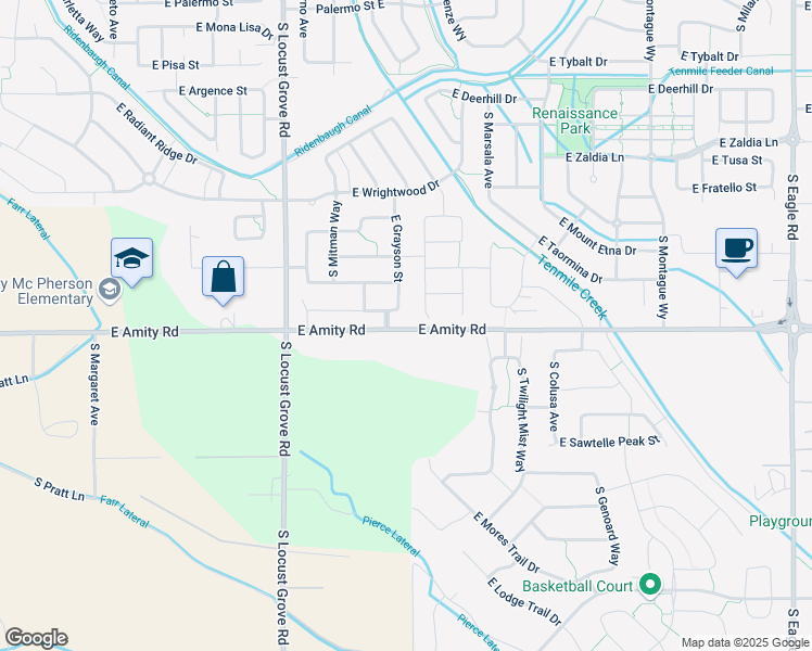map of restaurants, bars, coffee shops, grocery stores, and more near 1947 East Grayson Street in Meridian
