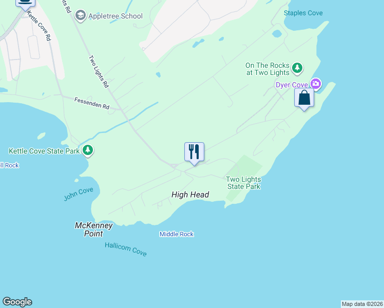 map of restaurants, bars, coffee shops, grocery stores, and more near 144 Two Lights Road in Cape Elizabeth