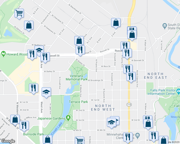 map of restaurants, bars, coffee shops, grocery stores, and more near 1128 North Walts Avenue in Sioux Falls