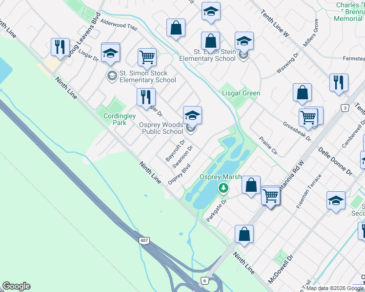 map of restaurants, bars, coffee shops, grocery stores, and more near 3836 Baycroft Drive in Mississauga