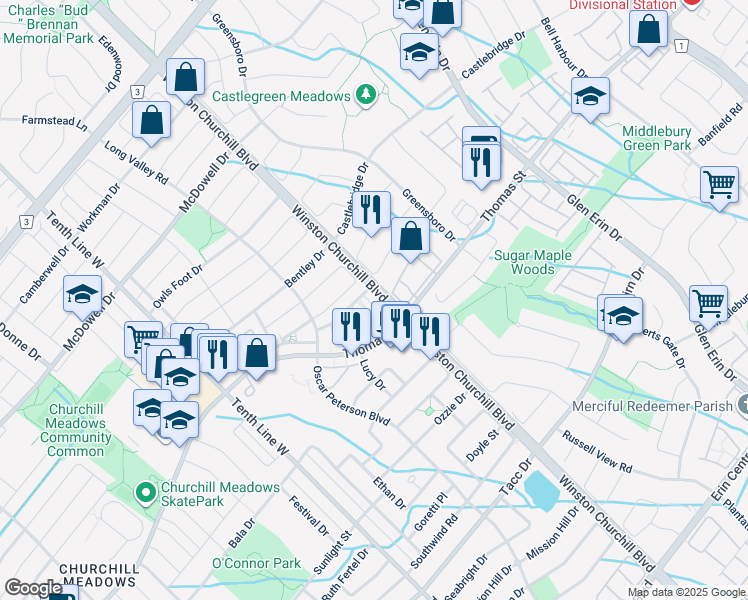 map of restaurants, bars, coffee shops, grocery stores, and more near 5610 Winston Churchill Boulevard in Mississauga