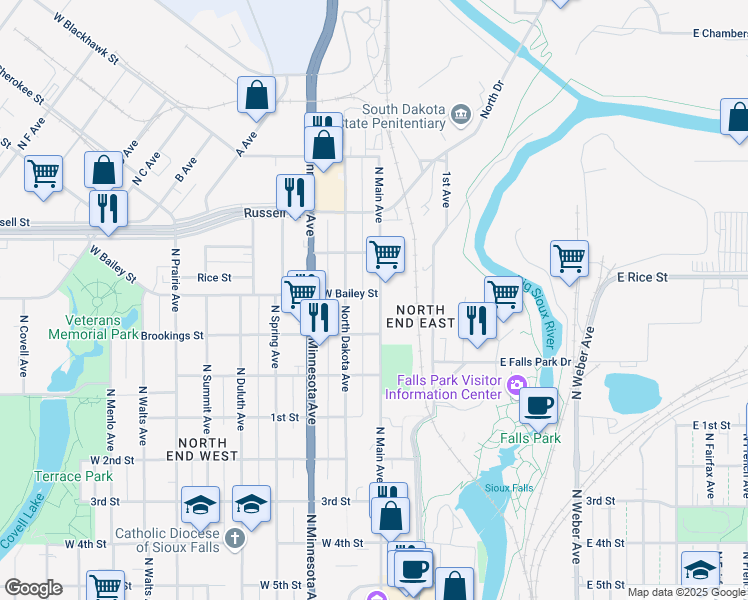 map of restaurants, bars, coffee shops, grocery stores, and more near 1135 North Main Avenue in Sioux Falls