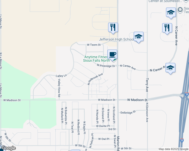 map of restaurants, bars, coffee shops, grocery stores, and more near 5501 West Oakcrest Drive in Sioux Falls