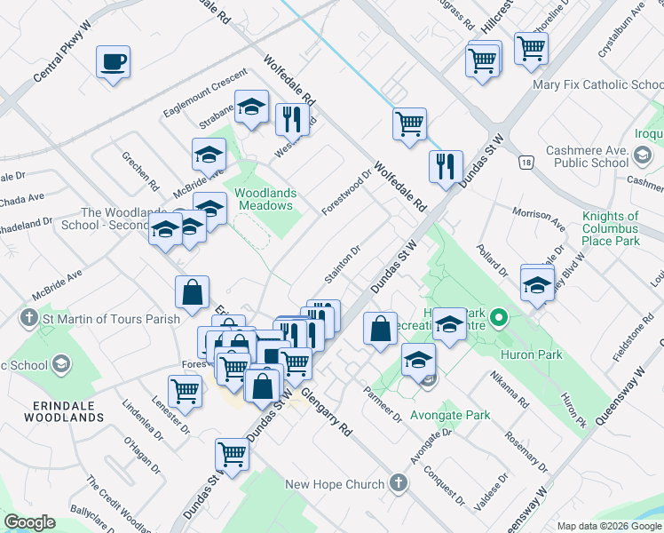 map of restaurants, bars, coffee shops, grocery stores, and more near 941 Stainton Drive in Mississauga