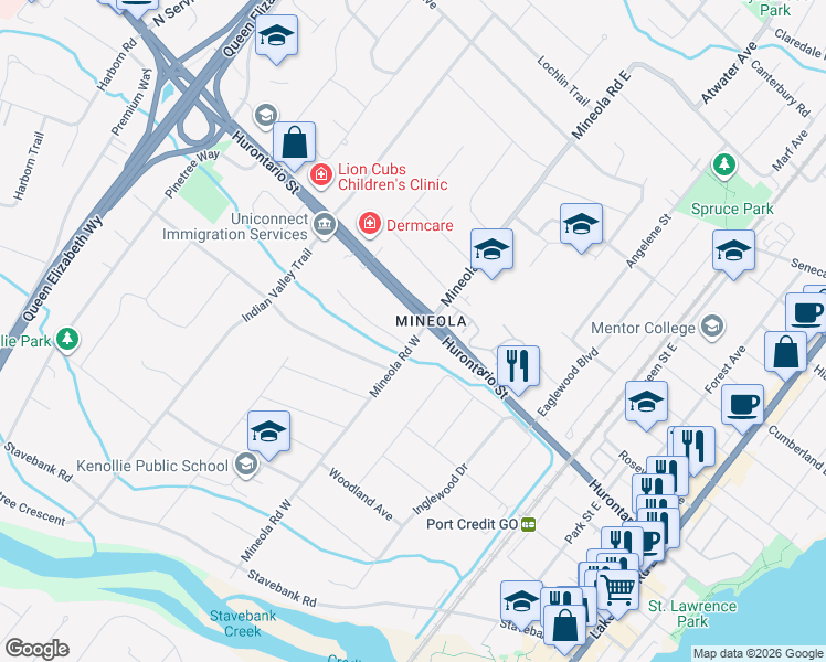 map of restaurants, bars, coffee shops, grocery stores, and more near 17 Mineola Road West in Mississauga