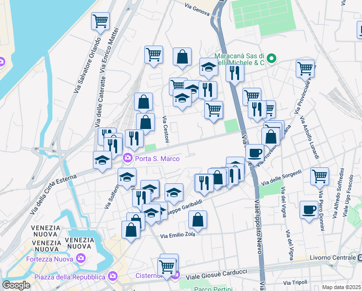 map of restaurants, bars, coffee shops, grocery stores, and more near 90 Via Marco Mastacchi in Livorno