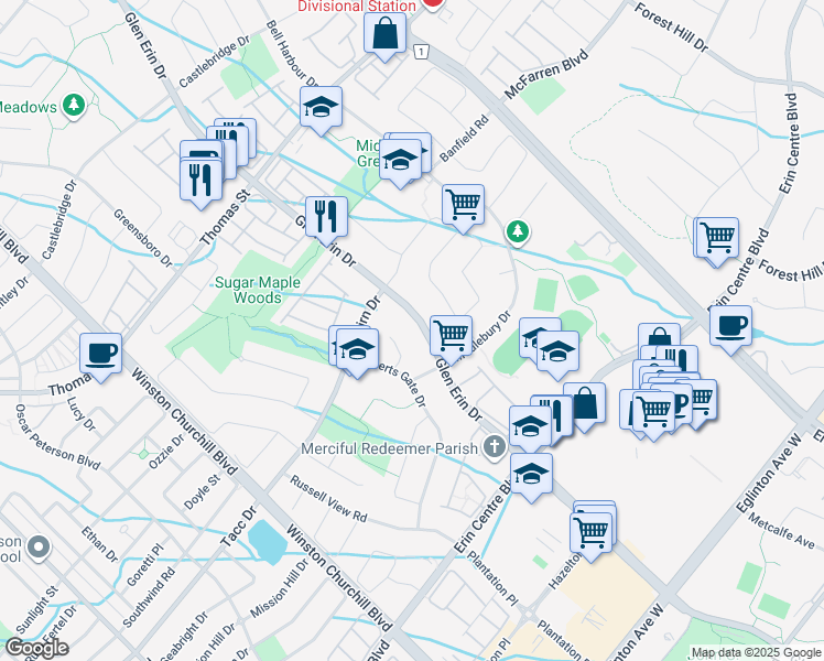 map of restaurants, bars, coffee shops, grocery stores, and more near 5376 Glen Erin Drive in Mississauga