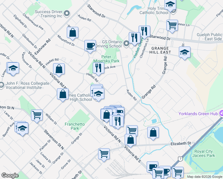 map of restaurants, bars, coffee shops, grocery stores, and more near 6 Upton Crescent in Guelph