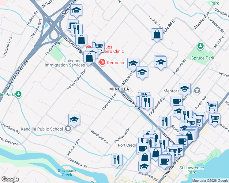 map of restaurants, bars, coffee shops, grocery stores, and more near 17 Mineola Road West in Mississauga