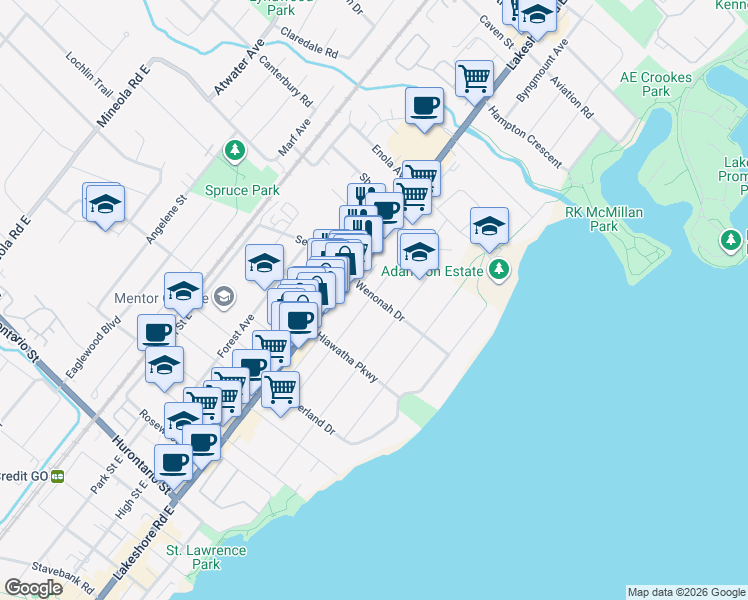 map of restaurants, bars, coffee shops, grocery stores, and more near in Mississauga
