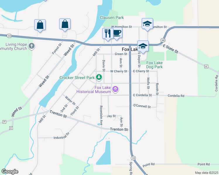 map of restaurants, bars, coffee shops, grocery stores, and more near 405 South College Avenue in Fox Lake