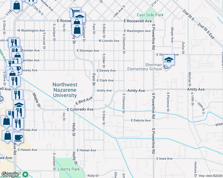 map of restaurants, bars, coffee shops, grocery stores, and more near 1024 East Amity Avenue in Nampa