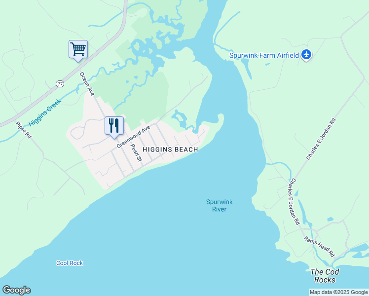 map of restaurants, bars, coffee shops, grocery stores, and more near in Higgins Beach