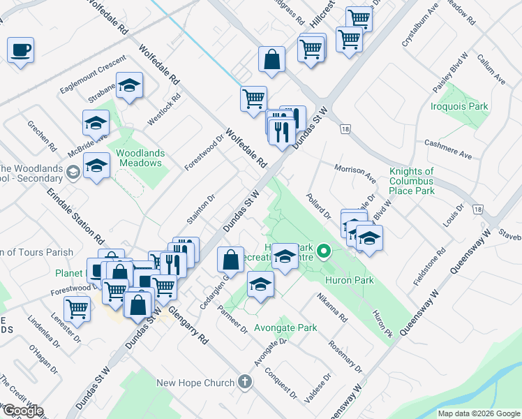 map of restaurants, bars, coffee shops, grocery stores, and more near 880 Dundas Street West in Mississauga