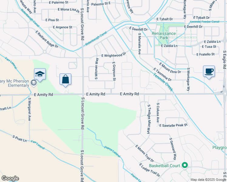 map of restaurants, bars, coffee shops, grocery stores, and more near 1947 East Grayson Street in Meridian