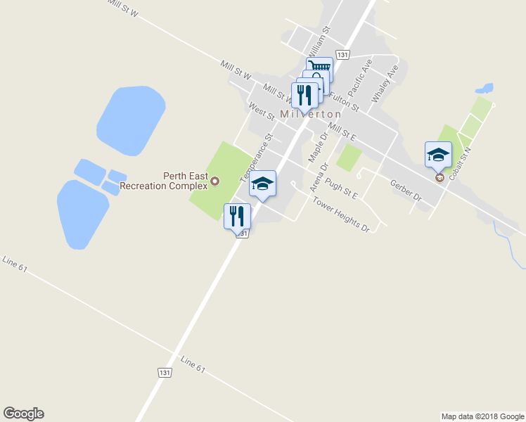 map of restaurants, bars, coffee shops, grocery stores, and more near 63 Main Street South in Milverton