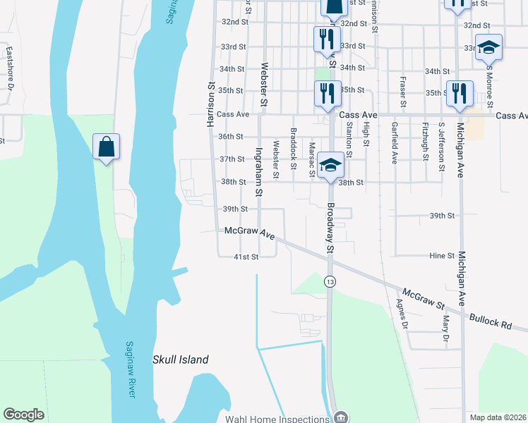 map of restaurants, bars, coffee shops, grocery stores, and more near 404 39th Street in Bay City