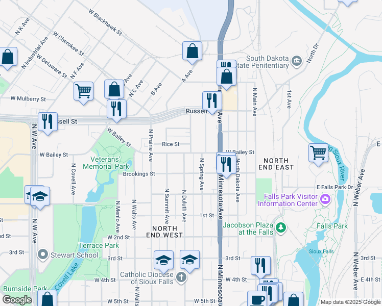 map of restaurants, bars, coffee shops, grocery stores, and more near 471 West Bailey Street in Sioux Falls