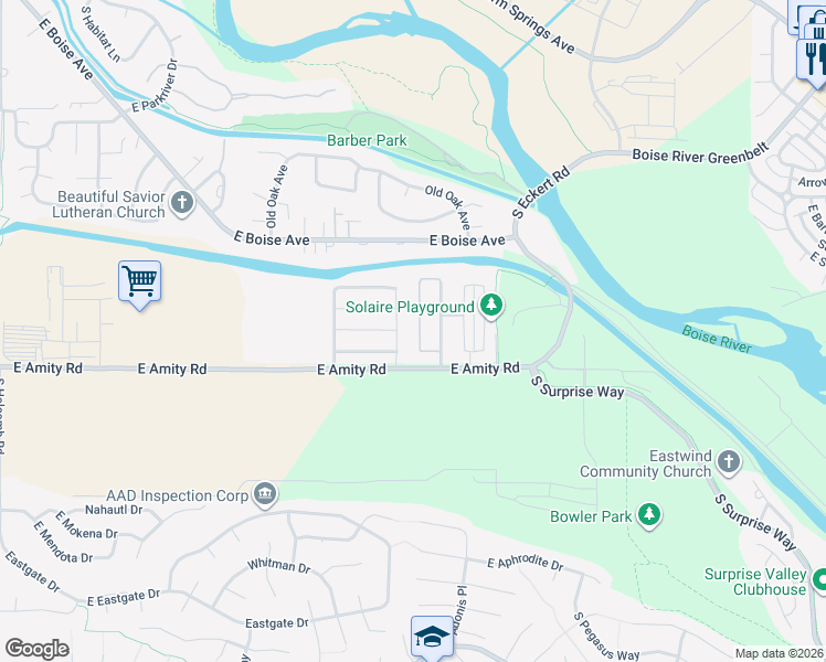 map of restaurants, bars, coffee shops, grocery stores, and more near 4483 South Old Sport Lane in Boise
