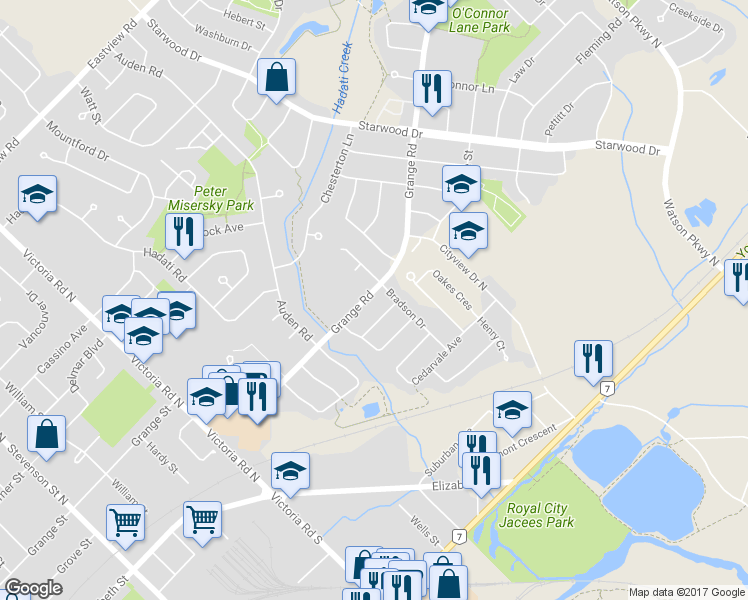 map of restaurants, bars, coffee shops, grocery stores, and more near 309 Grange Road in Guelph