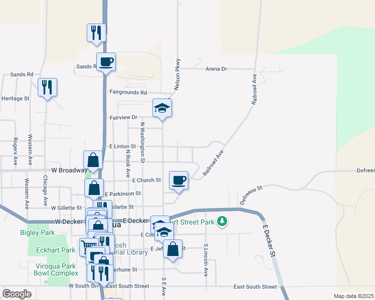 map of restaurants, bars, coffee shops, grocery stores, and more near 617 East Linton Street in Viroqua