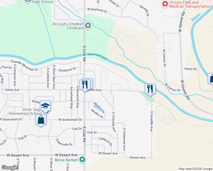 map of restaurants, bars, coffee shops, grocery stores, and more near 7171 West Danbury Street in Boise