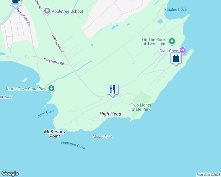 map of restaurants, bars, coffee shops, grocery stores, and more near 144 Two Lights Rd in Cape Elizabeth
