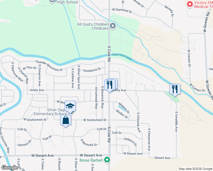 map of restaurants, bars, coffee shops, grocery stores, and more near 7382 Danbury Court in Boise