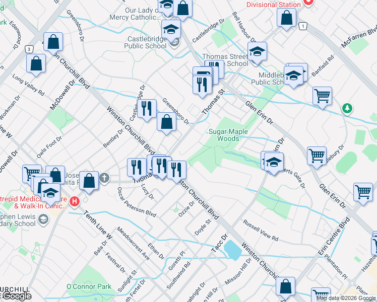 map of restaurants, bars, coffee shops, grocery stores, and more near 2918 Westbury Court in Mississauga