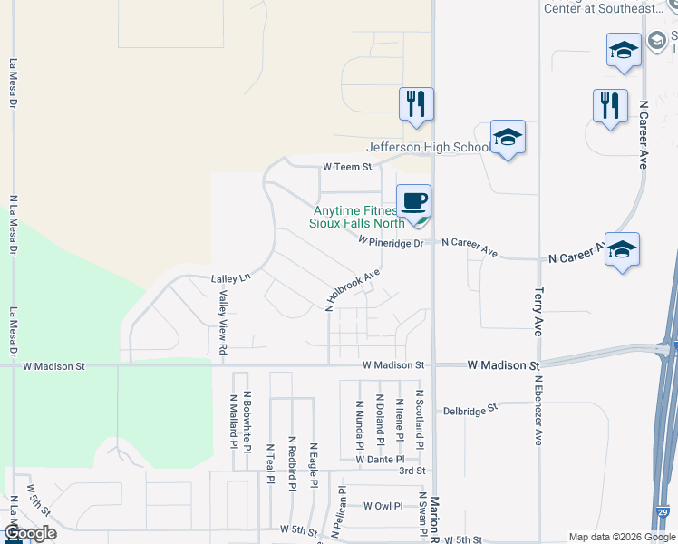 map of restaurants, bars, coffee shops, grocery stores, and more near 5501 West Oakcrest Drive in Sioux Falls
