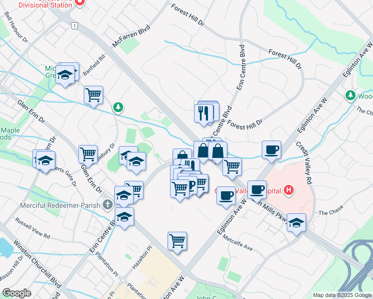 map of restaurants, bars, coffee shops, grocery stores, and more near 2545 Erin Centre Boulevard in Mississauga