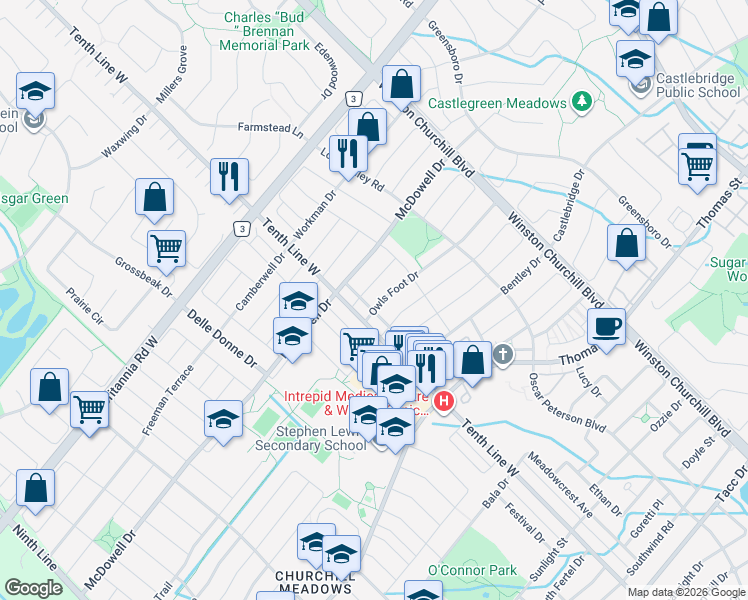 map of restaurants, bars, coffee shops, grocery stores, and more near 3183 Owls Foot Drive in Mississauga