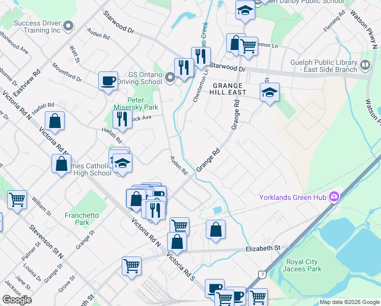 map of restaurants, bars, coffee shops, grocery stores, and more near 253 Auden Road in Guelph
