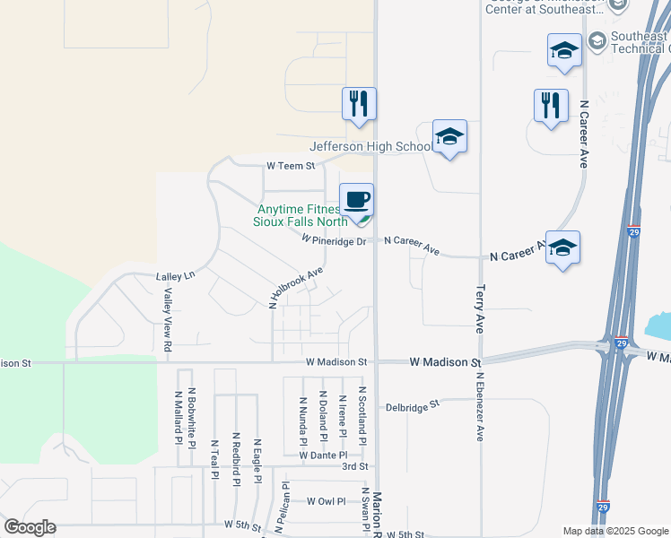map of restaurants, bars, coffee shops, grocery stores, and more near 1509 N Holbrook Ave in Sioux Falls