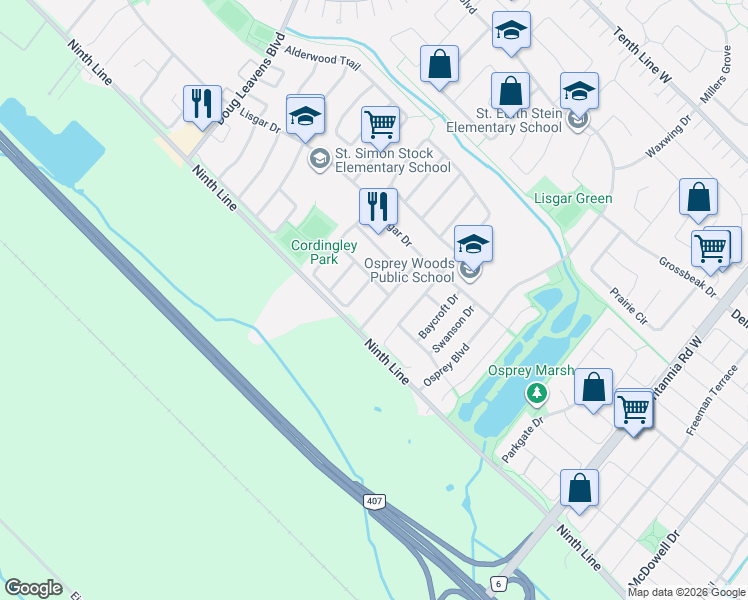 map of restaurants, bars, coffee shops, grocery stores, and more near 3955 Foxwood Avenue in Mississauga