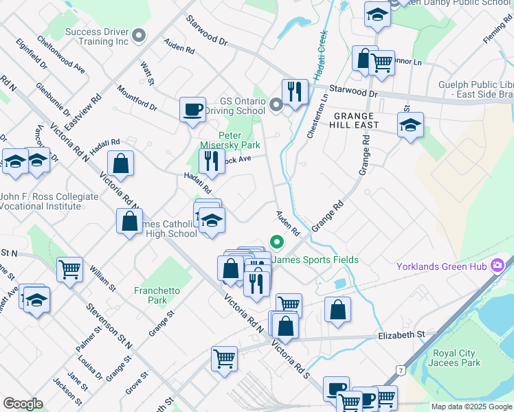 map of restaurants, bars, coffee shops, grocery stores, and more near 206 Hadati Road in Guelph