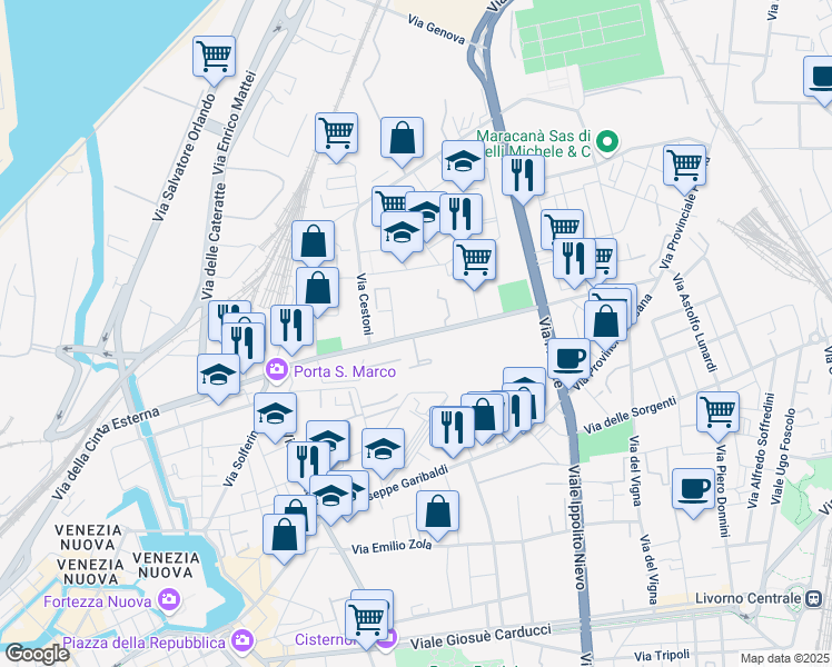map of restaurants, bars, coffee shops, grocery stores, and more near 90 Via Marco Mastacchi in Livorno