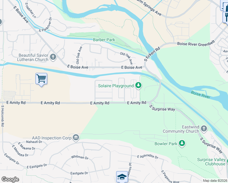 map of restaurants, bars, coffee shops, grocery stores, and more near 4483 South Old Sport Lane in Boise