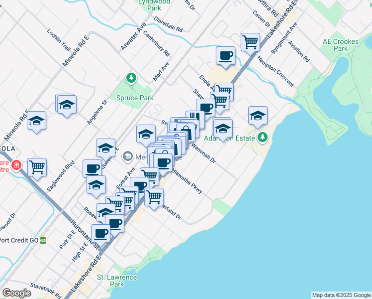 map of restaurants, bars, coffee shops, grocery stores, and more near 305 Lakeshore Road East in Mississauga